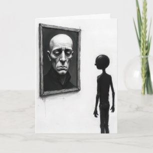 Cartão Figura de palito olhando para um retrato de um hom