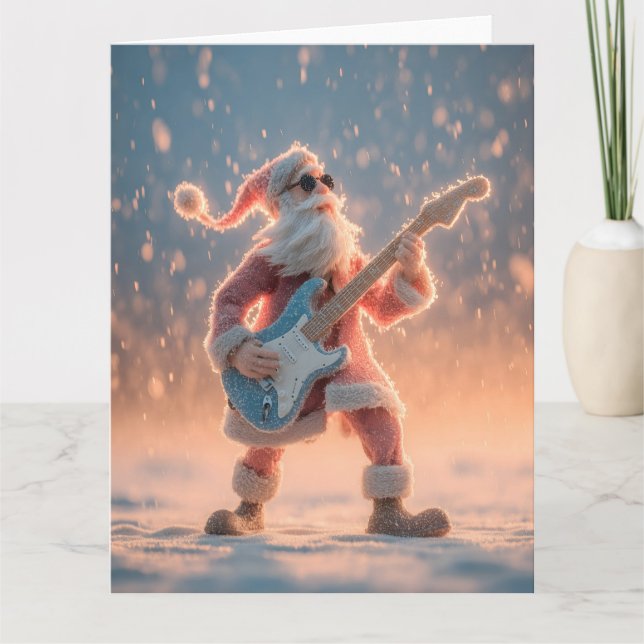 Cartão Figura do Papai Noel Tocando uma Guitarra Elétrica (Frente)