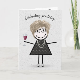 Cartão Figura picante Garota de aniversário com vinho tin