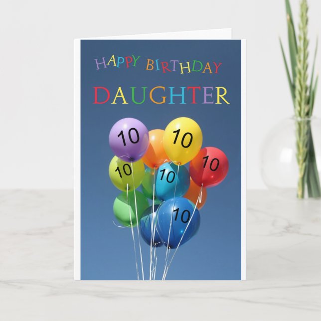 Cartão Filha, 10º aniversário feliz do balão (Frente)