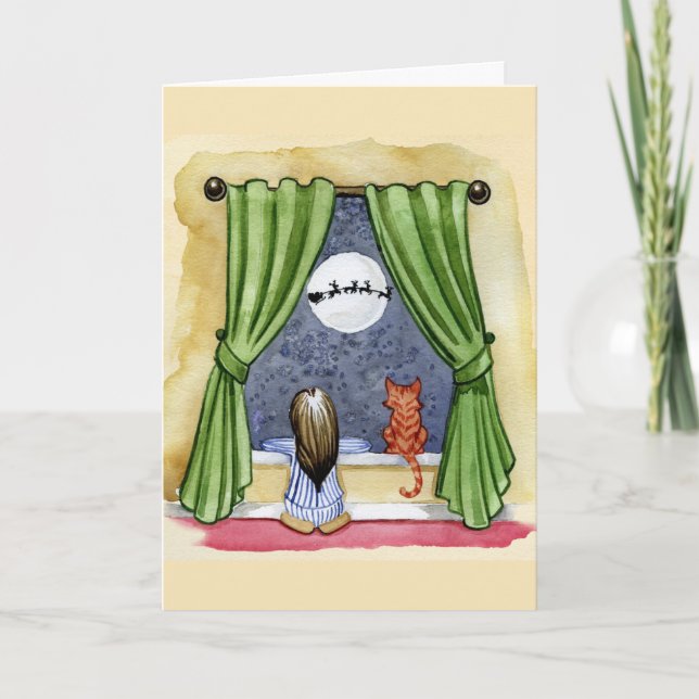 Cartão Filha e Gatinho de Véspera de Natal Bonito (Frente)