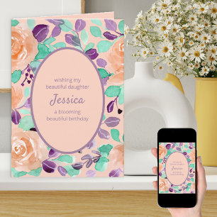 Cartão Filha Pêssego Roxo Aniversário Floral Personalizad