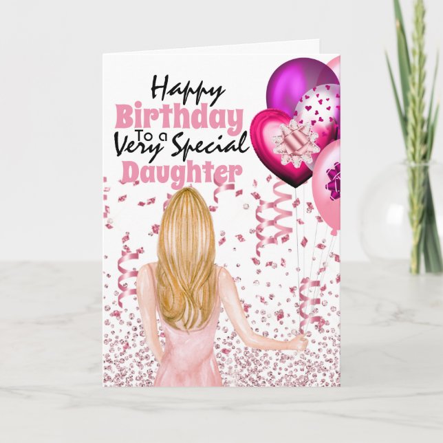Cartão Filha segurando balões cor-de-rosa confetti aniver (Frente)