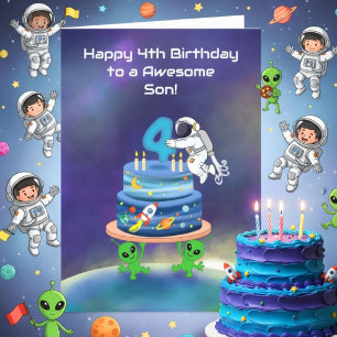 Cartão Filho Feliz Aniversário de 4 anos Astronauta com B