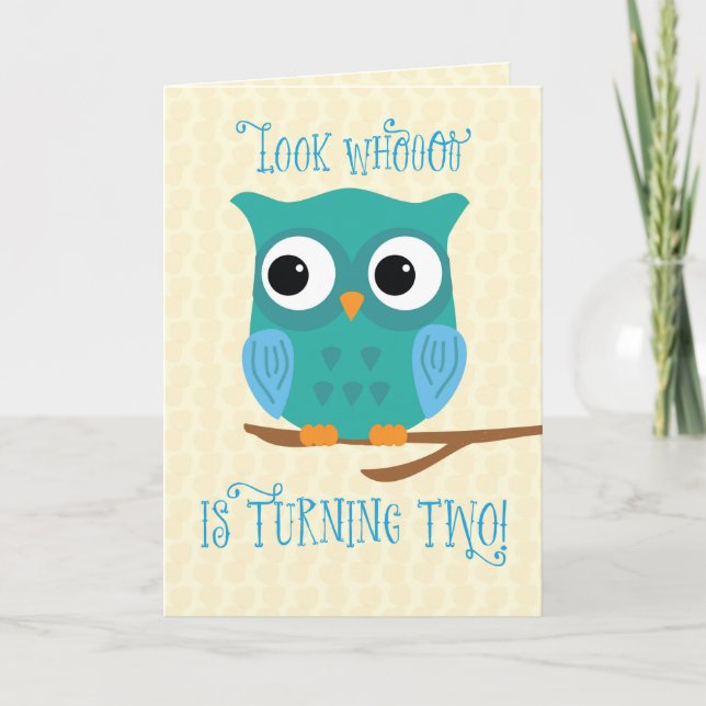 Cartão Filho segundo aniversário Coruja Azul e Verde (Frente)