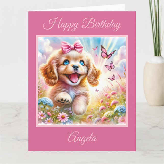 Cartão Filhote Adorável de Cocker Spaniel com Borboletas (Frente)