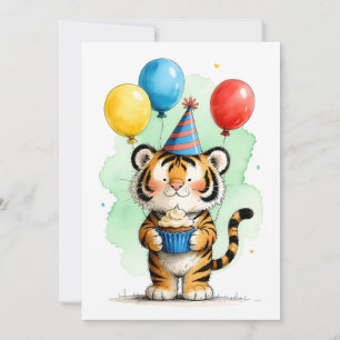 Cartão Filhote de Tigre Fofo & Criança de Cupcake Anivers