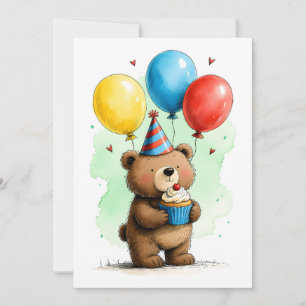 Cartão Filhote de Urso Fofo & Bolo de Aniversário Infanti