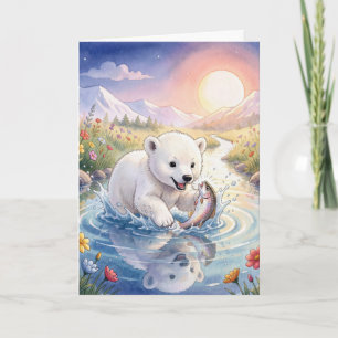 Cartão Filhote de Urso Polar de Aniversário Brincando com