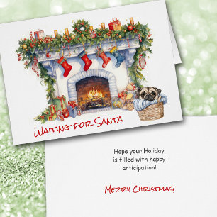 Cartão Filhote Pug Natal Lareira Aguarde Papai Noel