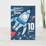 Cartão Filme de Rocket Son 10º aniversário<br><div class="desc">10ª carta de aniversário de foguetes do espaço, personalize com a foto do seu aniversariante para que ele possa realmente ter uma explosão! Este cartão diz "Feliz Aniversário Filho 10 hoje" na frente e "Você está fora deste mundo, tenha uma explosão!" interior. Ou personalizar com suas próprias palavras e idade....</div>