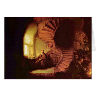 Cartão Filósofo na meditação. Por Rembrandt Van Rijn