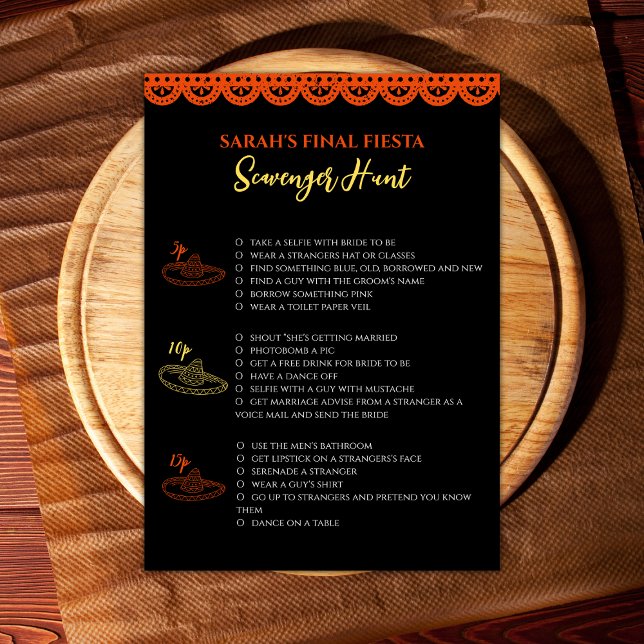 Cartão Final Fiesta Bachelorette Game Scavenger Hunt (bachelorette party game scavenger hunt mexican final fiesta bachelorette party activities)