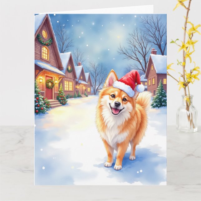 Cartão Finnish Lapphund Snowy Village Santa Hat Christmas (Flor Amarela)