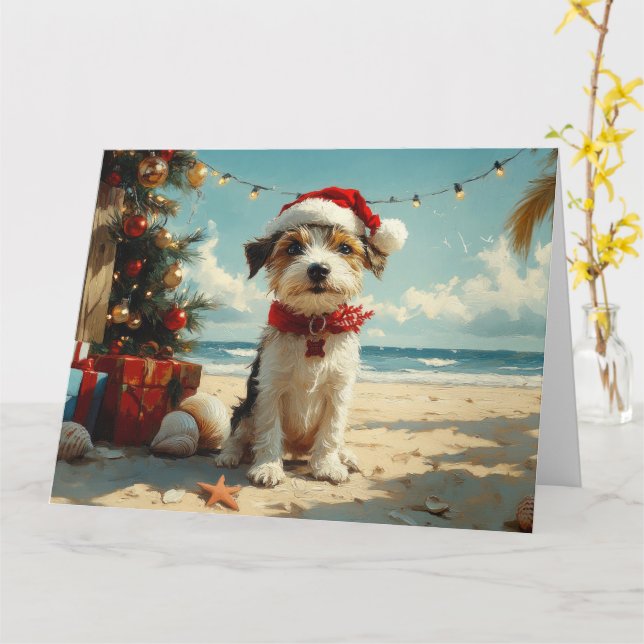 Cartão Fio Fox Terrier Dog Christmas Vintage Beach (Flor Amarela)
