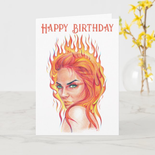 Cartão Fire Flames Fantasy Mulher Retrato Arte Surreal (Flor Amarela)