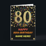 Cartão Fireworks 80th Birthday Colorful Rainbow Gold<br><div class="desc">Fun,  cheerful and colourful design birthday card. 
Firework in bright rainbow colours. Faux gold big number on black. 
Get this cheerful card to celebrate your friend or family!</div>