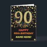 Cartão Fireworks 90th Birthday Colorful Rainbow Gold<br><div class="desc">Fun,  cheerful and colourful design birthday card. 
Firework in bright rainbow colours. Faux gold big number on black. 
Get this cheerful card to celebrate your friend or family!</div>