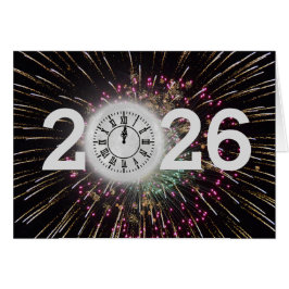 Cartão Fireworks e Relógio de Lua do Ano Novo 2026