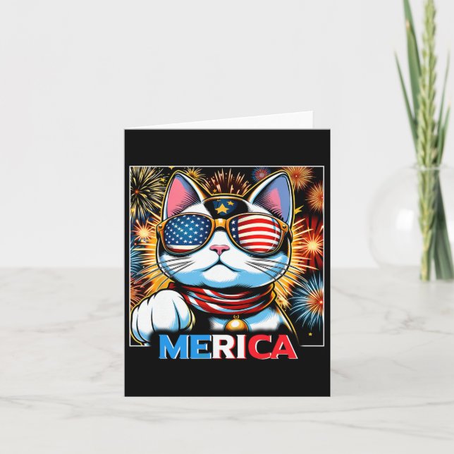 Cartão Fireworks Patriótico Maneki Neko Cat Merica (Frente)