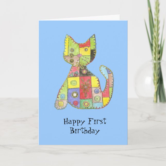 Cartão First Birthday Card with patchwork cat (Frente)