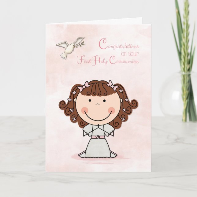 Cartão First Communion, Brown Hair Girl, Congratulations (Frente)