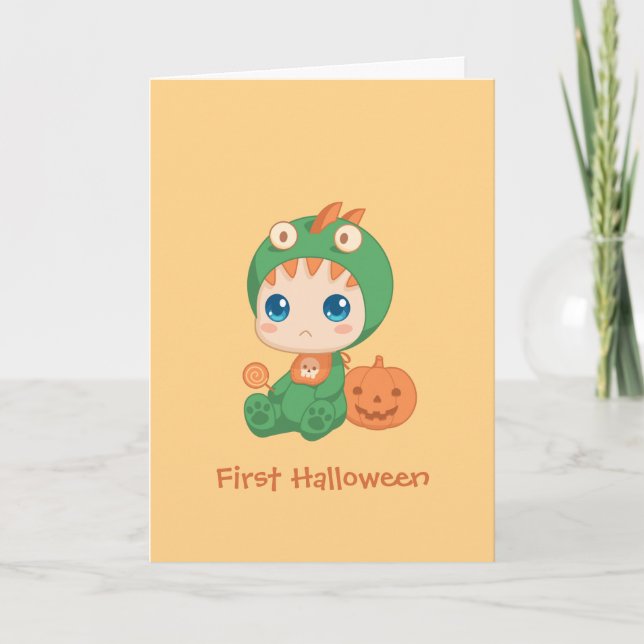 Cartão First Halloween Cute Baby Dragon Dinosaur Costume (Frente)