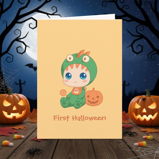 Cartão First Halloween Cute Baby Dragon Dinosaur Costume (Criador carregado)