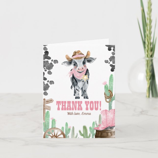 Cartão First Rodeo 1st Birthday Baby Cow Thank You (Frente)