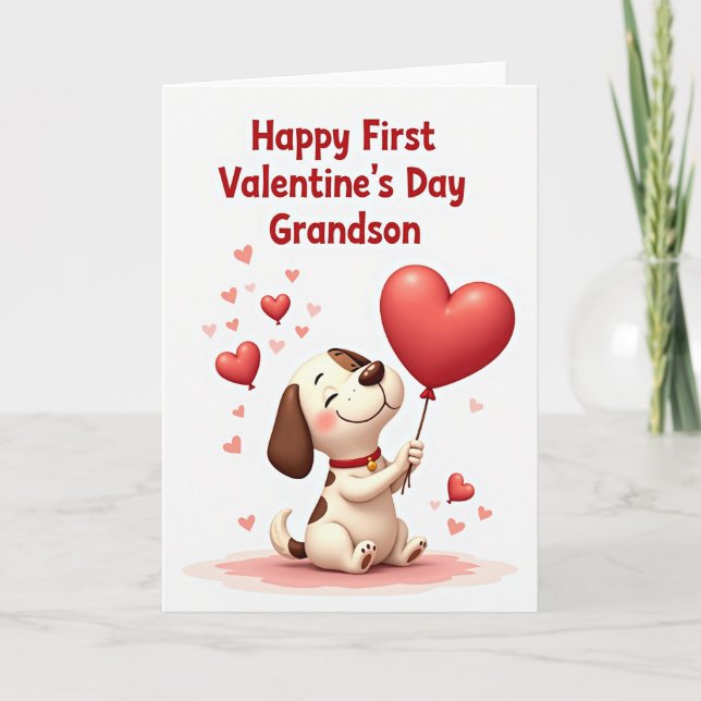 Cartão First Valentines Day Grandson Puppy Card (Frente)