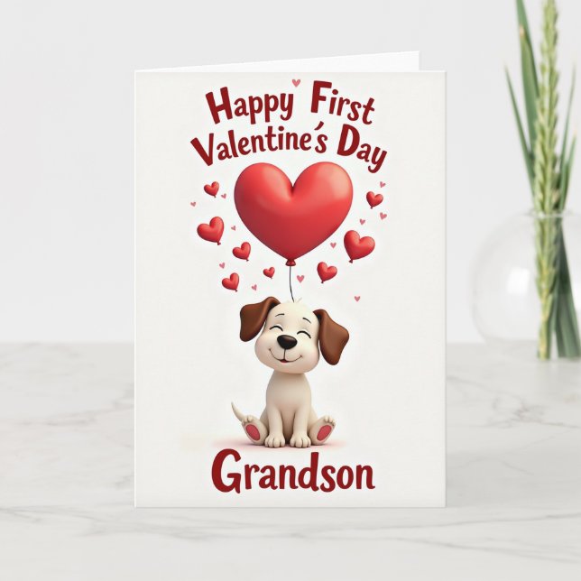 Cartão First Valentines Day Puppy Grandson Card (Frente)