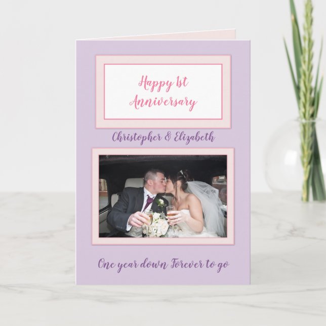 Cartão First Wedding Anniversary purple photo (Frente)