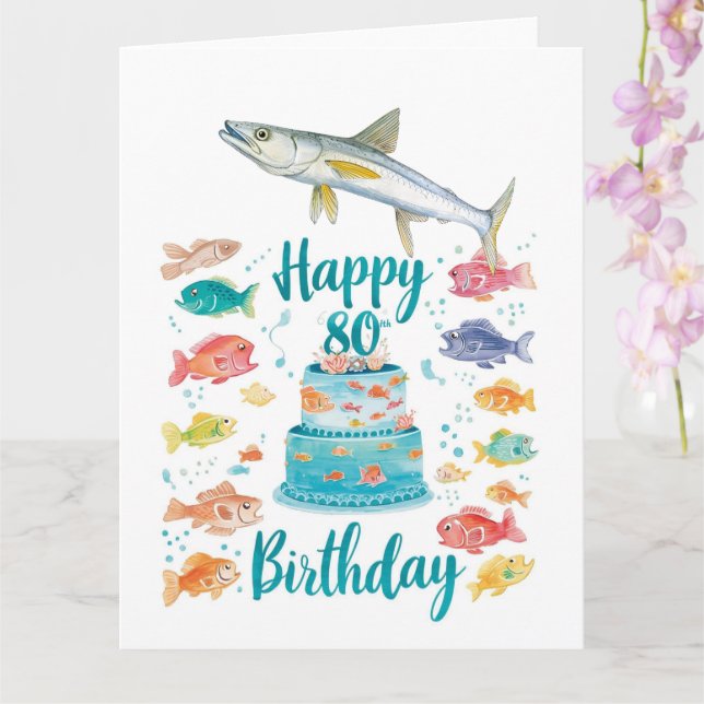 Cartão Fishing Lover 80th Birthday Watercolor  (Orquídea)