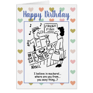 Cartão Fishmonger canta para um cliente. Música de chocol
