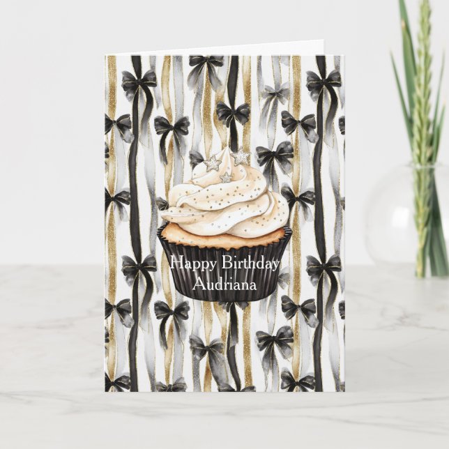 Cartão Fitas e Laços Prateados e Dourados Glamurosos Aniv (Frente)