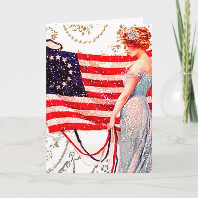 Cartão Flag Lady July 4th Vintage Postcard Art (Frente)