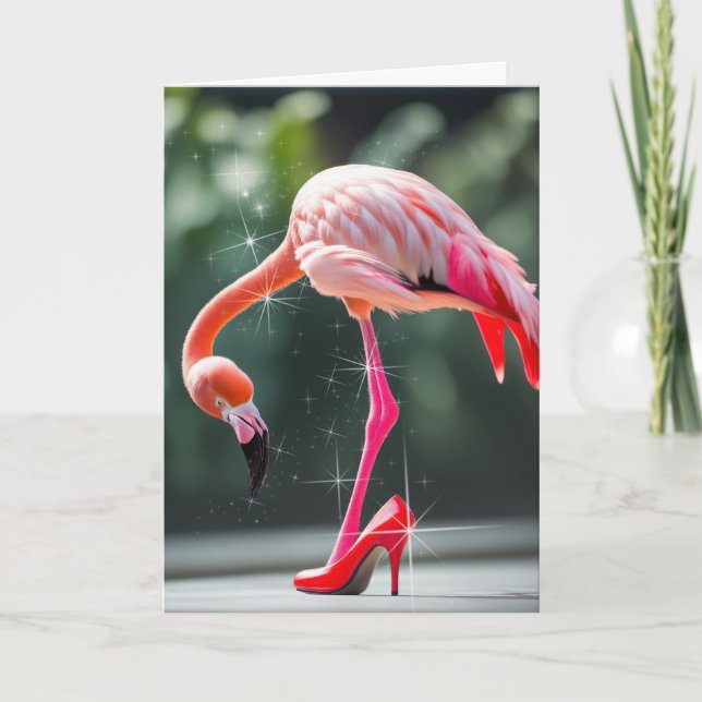 Cartão Flamingo com Calçado vermelho de alto salto (Frente)
