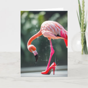 Cartão Flamingo com Calçado vermelho de alto salto