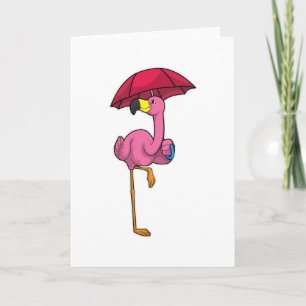 Cartão Flamingo com chuva e guarda-chuva