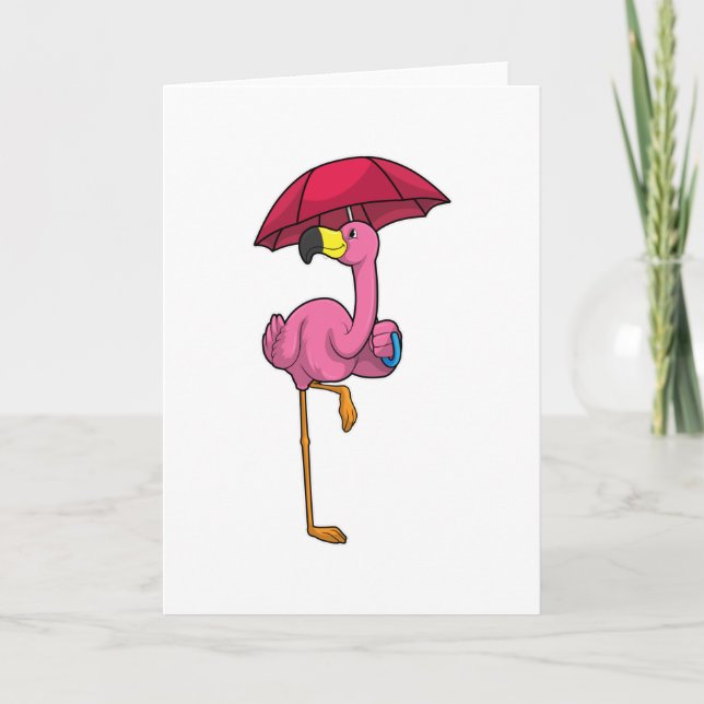 Cartão Flamingo com chuva e guarda-chuva (Frente)