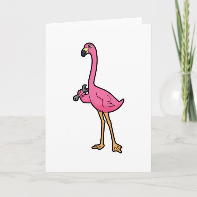 Cartão Flamingo como Mecânico com Chave de Grifo (Frente)