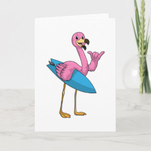 Cartão Flamingo como Surfista com Prancha de Surfe