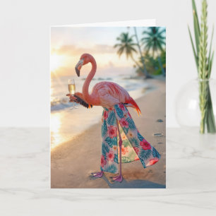 Cartão Flamingo de Aniversário com Champanhe numa Praia