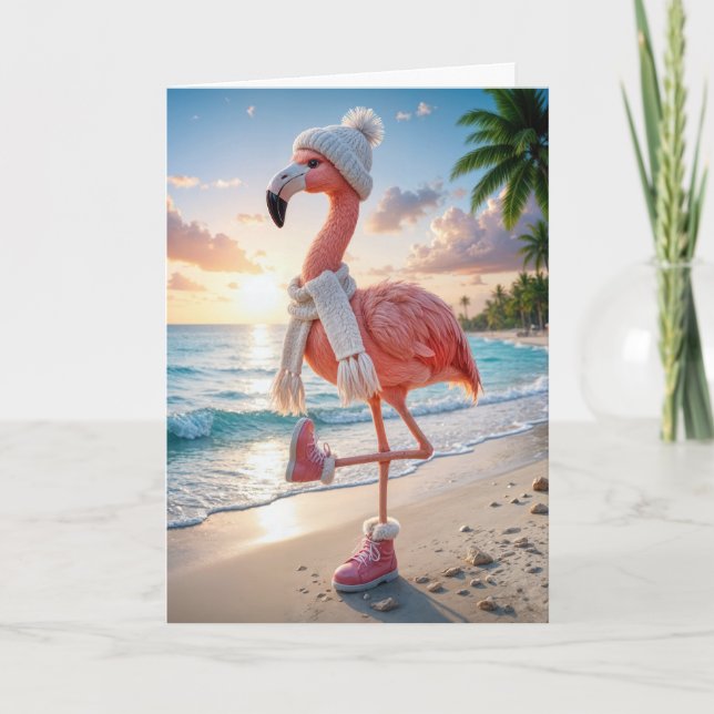 Cartão Flamingo de Aniversário Vestindo Botas e Cachecol  (Frente)