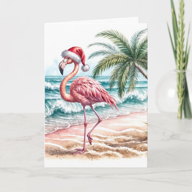 Cartão Flamingo De Natal Com Boné De Papais noeis (Frente)
