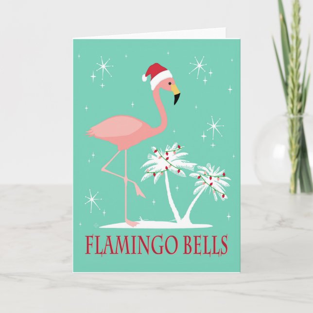 CARTÃO FLAMINGO DE NATAL MODERNO VINTAGE RETRÔ (Frente)