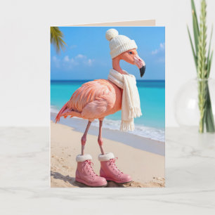 Cartão Flamingo de Natal Vestido com Roupas de Inverno