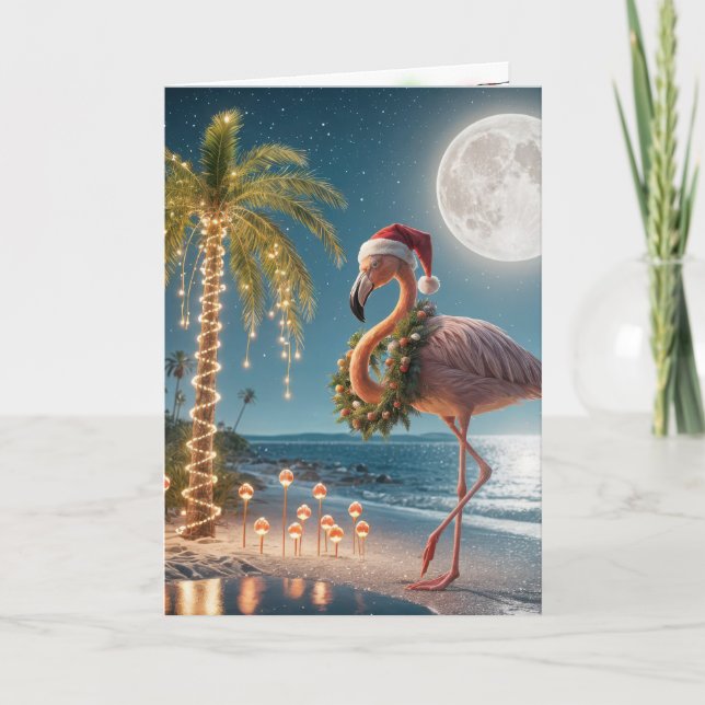 Cartão Flamingo de Natal Vestindo um Chapéu Santa (Frente)