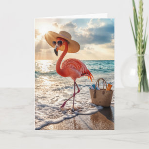 Cartão Flamingo de Praia de Aniversário com Óculos de Sol