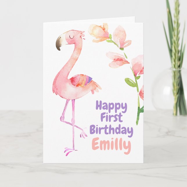Cartão Flamingo First birthday Happy 1st Birthday Card (Frente)